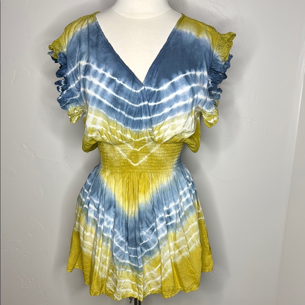 Elan Blue and Yellow Tie-Dye Dress